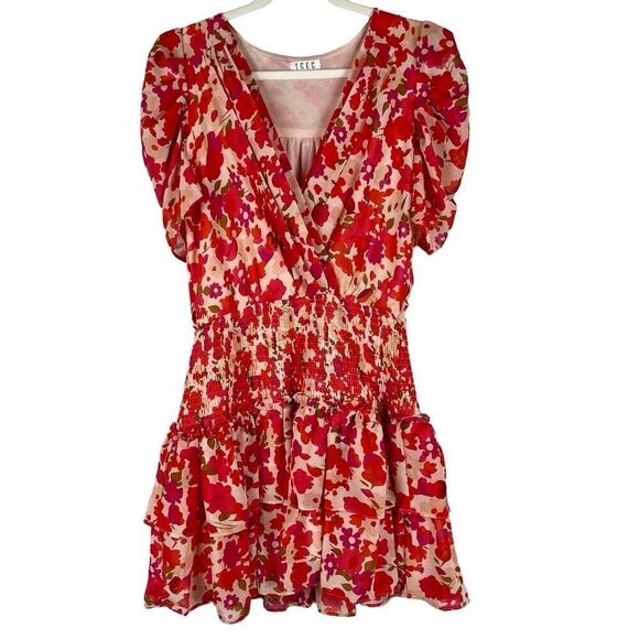 TCEC Puff Sleeve Ruffle Wrap V-neck Blouson Mini Dress Large - Picture 1 of 13